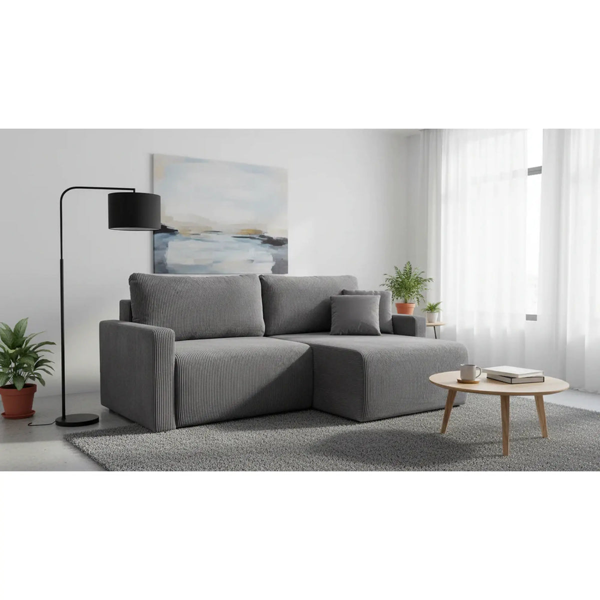 Coltar extensibil RUFIO, universal, stofa catifelata gri - Paso 22, cu lada depozitare, 230x146x91 cm