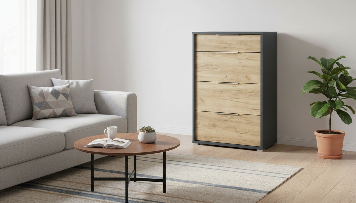 Comoda RIOMA NEW TYP 22, gri grafit/stejar artisan, PAL laminat, 75x38x112 cm
