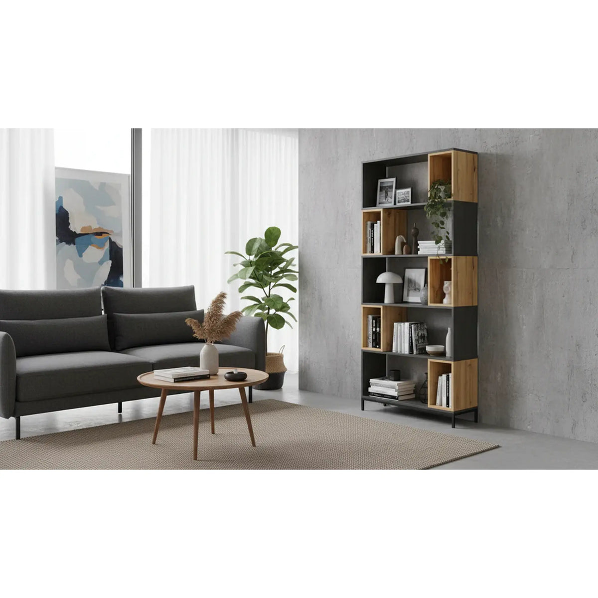 Biblioteca KIKO, stejar/gri antracit, 80x30x194 cm