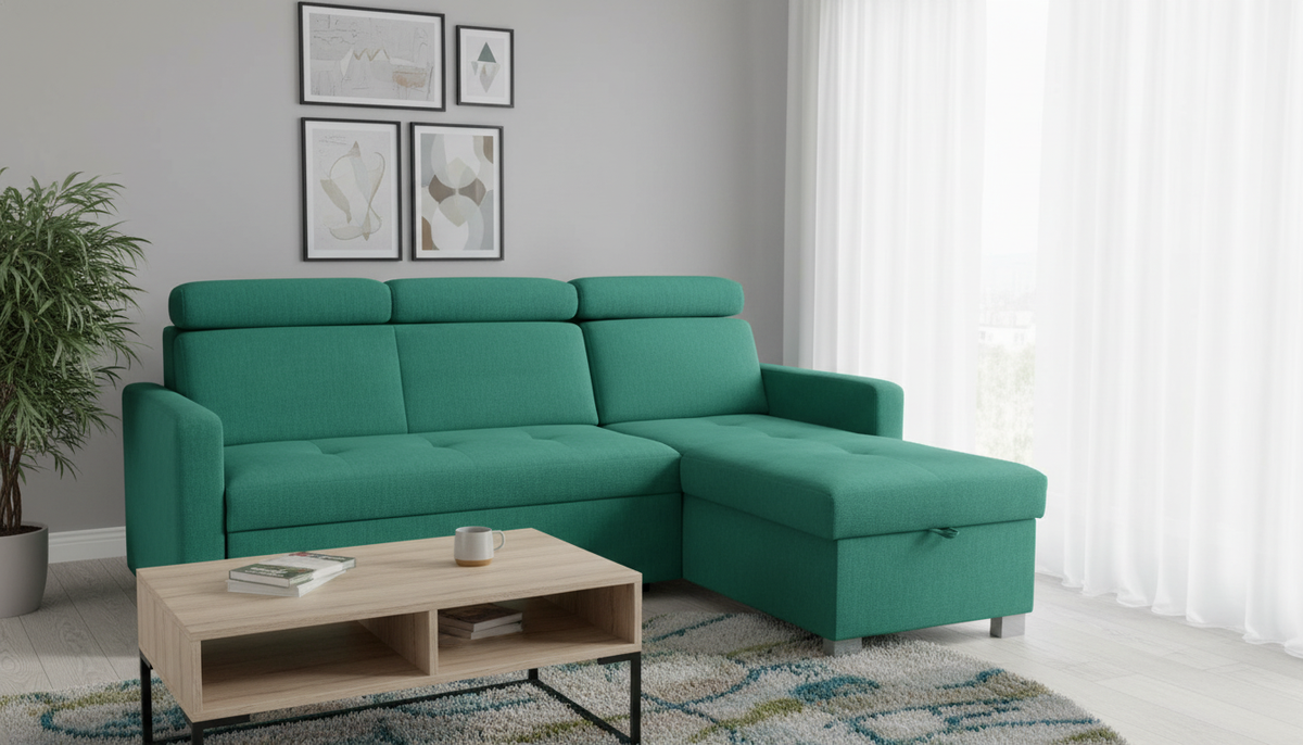 Coltar extensibil BRICO, universal, stofa catifelata verde - Element 20, cu lada depozitare, 204x168x99 cm