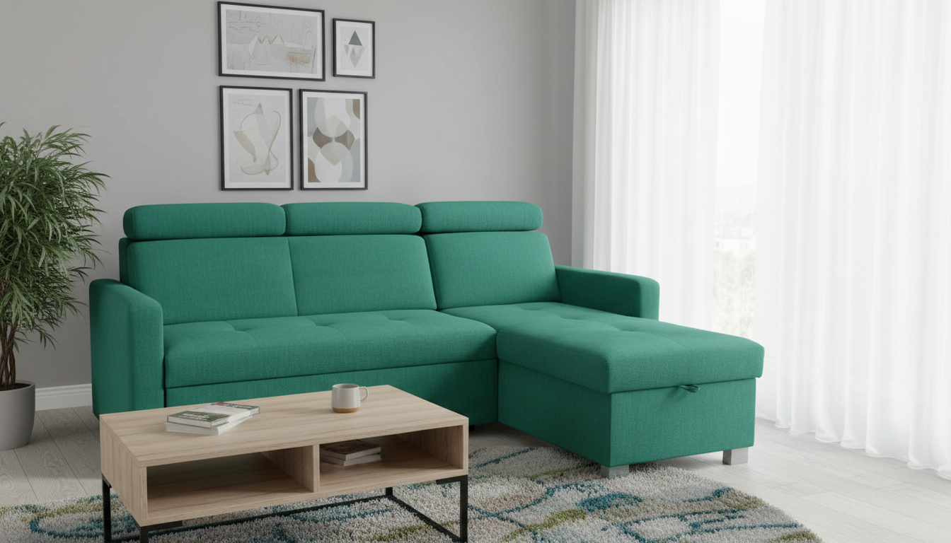 Coltar extensibil BRICO, universal, stofa catifelata verde - Element 20, cu lada depozitare, 204x168x99 cm