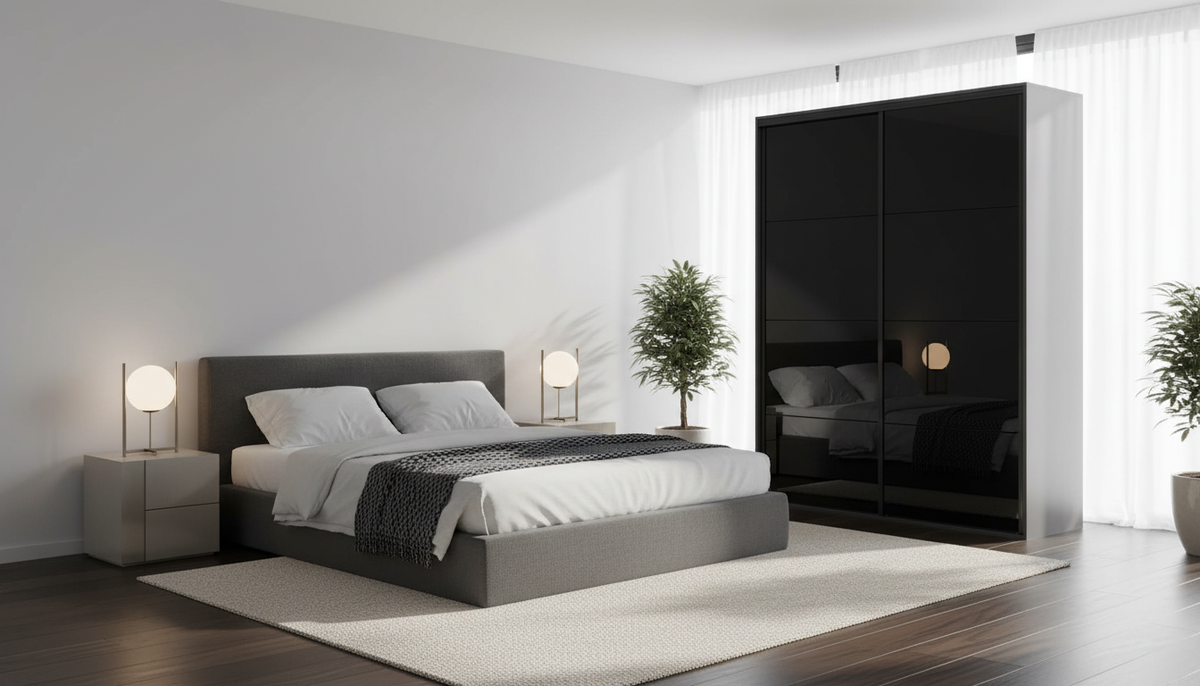 Dulap FLEX, gri grafit/negru lucios, PAL, cu 2 usi, 150x66x240 cm