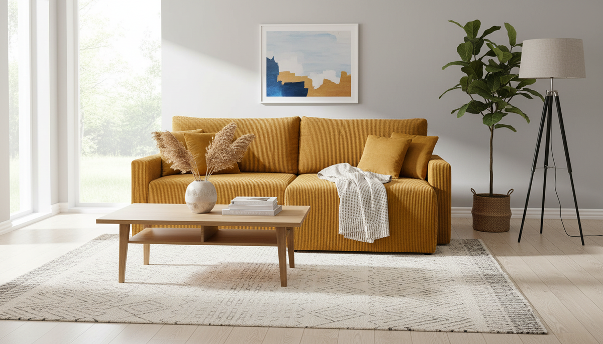 Coltar extensibil RUFIO, universal, stofa catifelata galben - Paso 01, cu lada depozitare, 230x146x91 cm