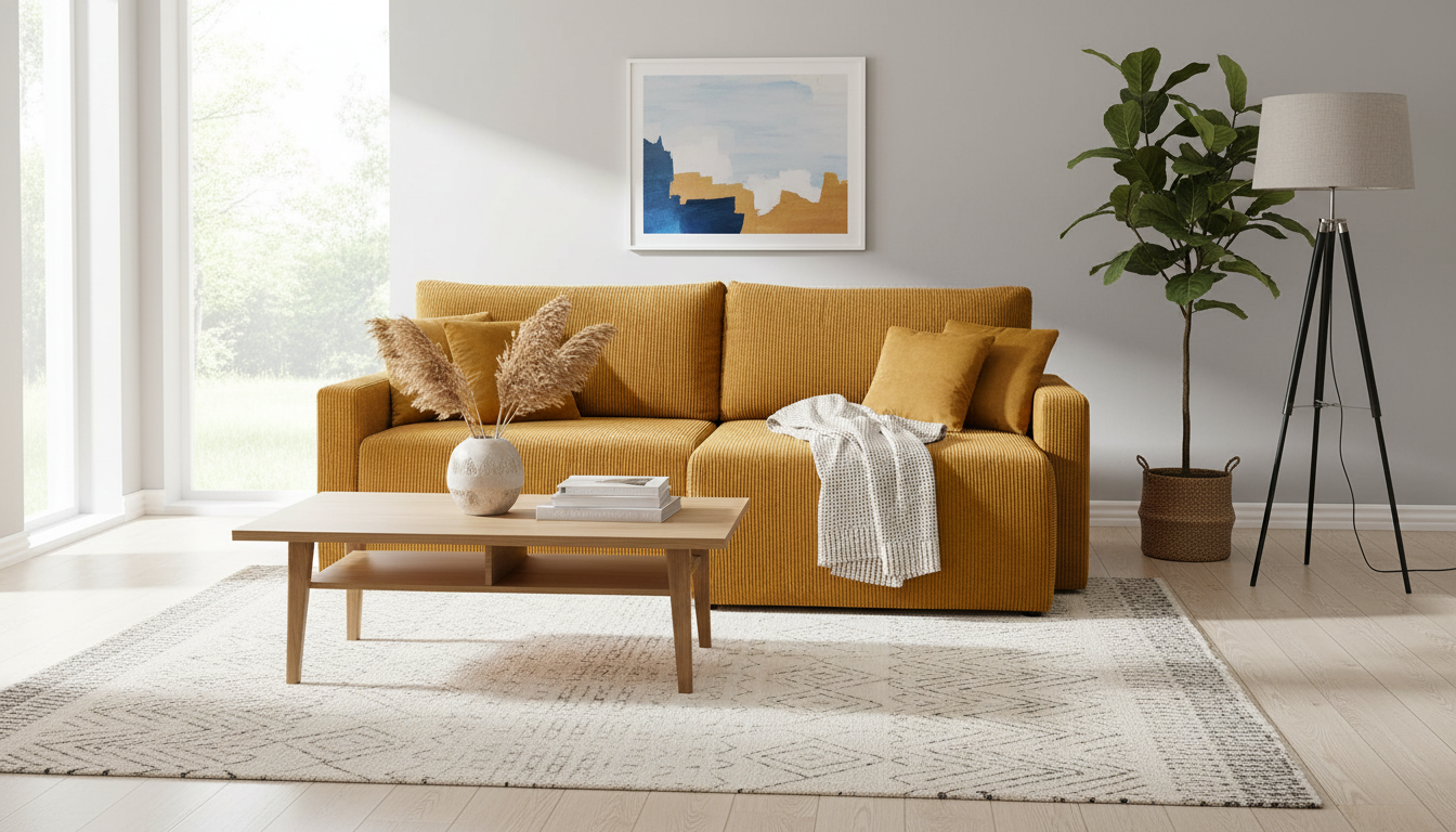 Coltar extensibil RUFIO, universal, stofa catifelata galben - Paso 01, cu lada depozitare, 230x146x91 cm