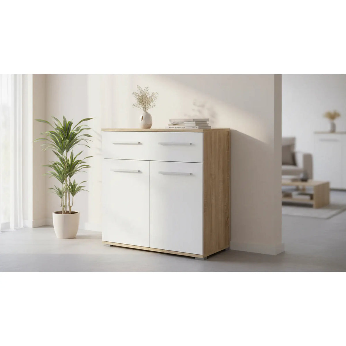 Comoda LIMA KM1, alb/stejar sonoma, PAL, 77x40x82 cm
