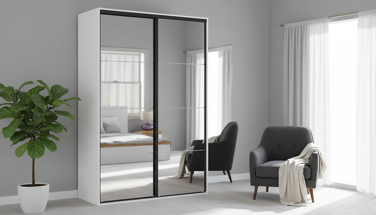 Dulap FLEX, alb, PAL, cu 2 usi si oglinda, 150x66x240 cm