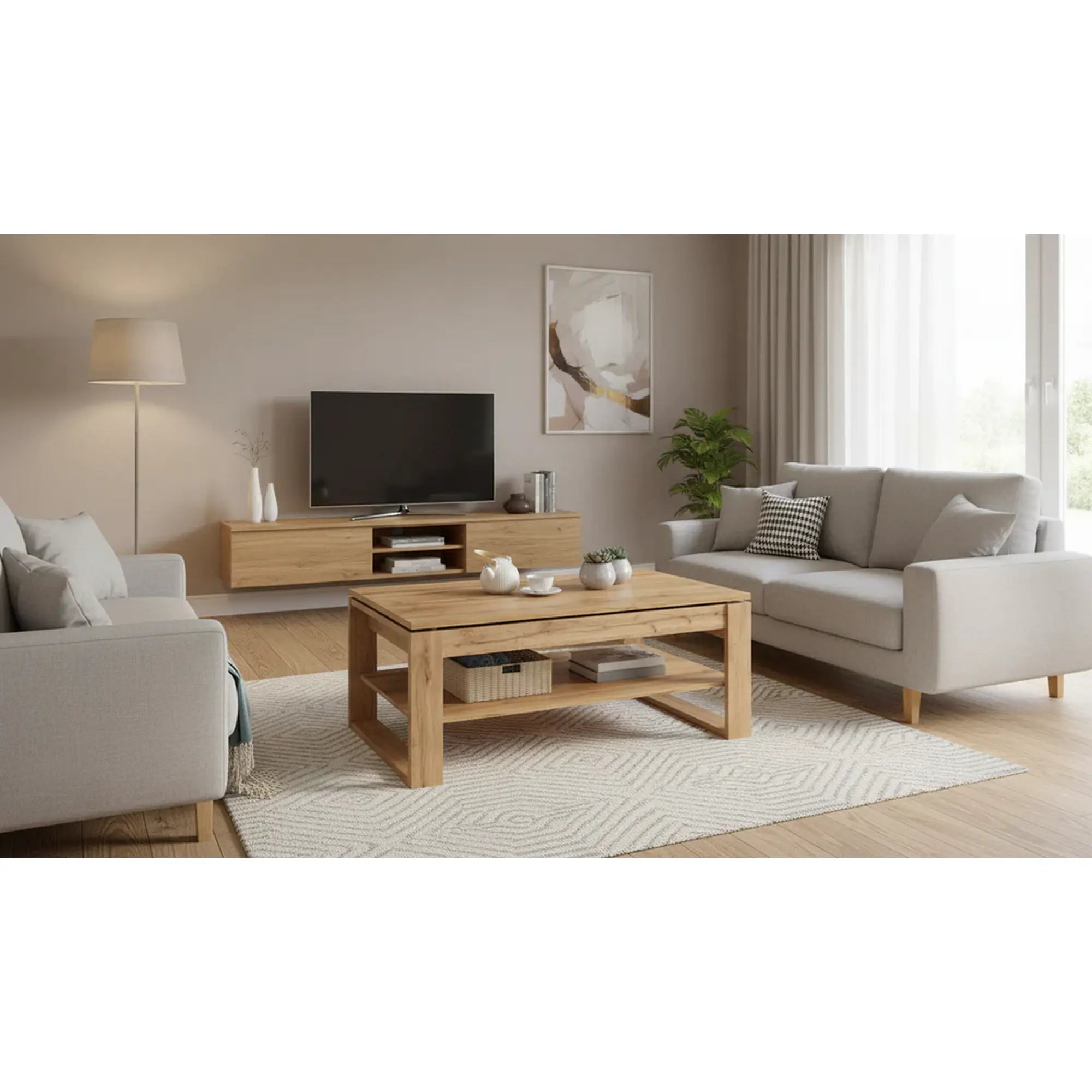 Masuta cafea BETTY, stejar artisan, PAL laminat, 120x65/92x50/72 cm