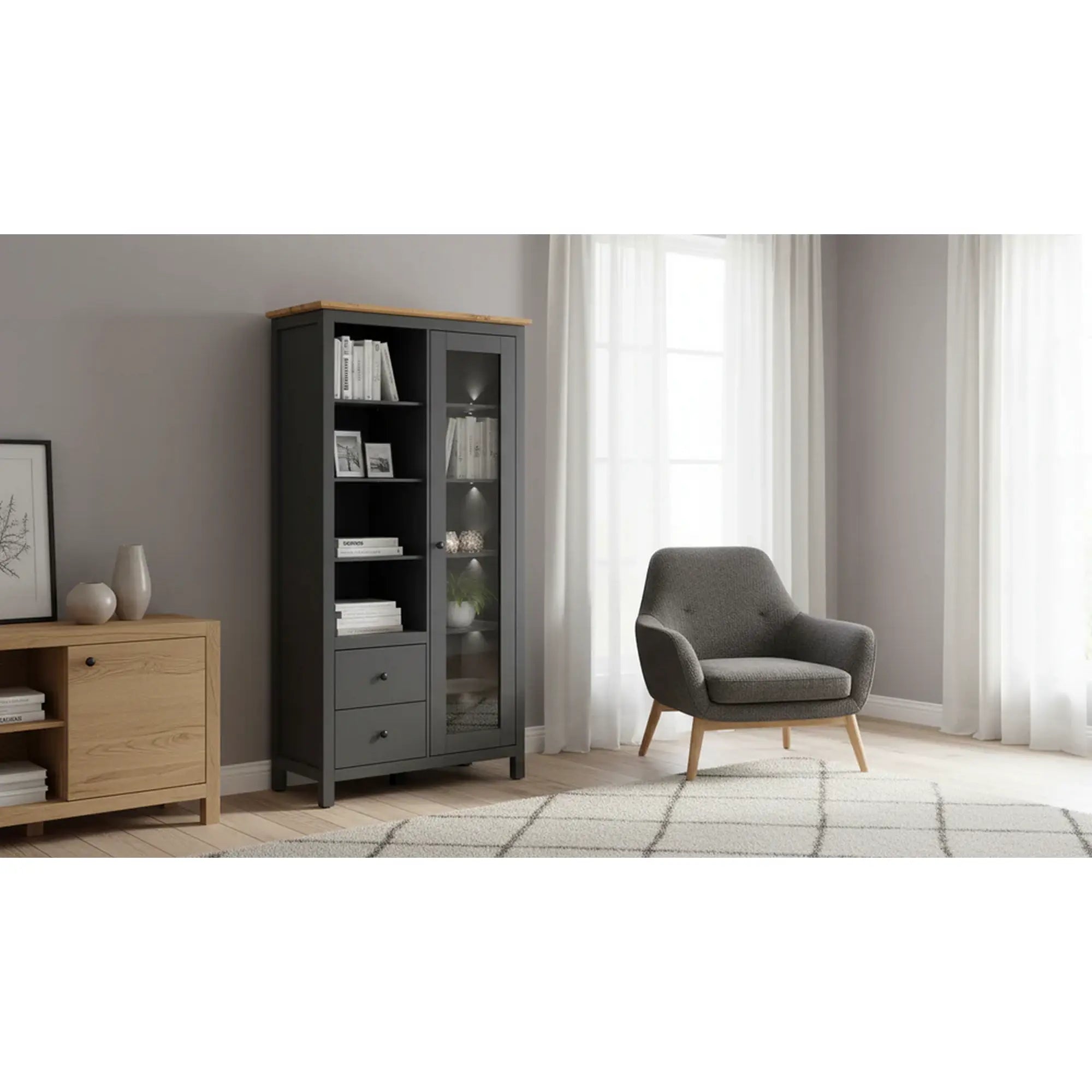 Vitrina HESEN, gri grafit/stejar artisan, PAL melaminat/sticla securizata, 106x44x203 cm