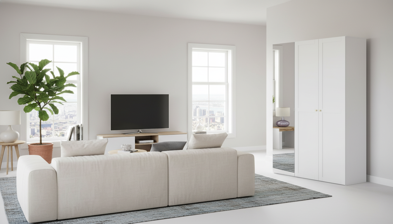 Dulap FLEX, alb/auriu, PAL, cu 3 usi si oglinda, 150x45x240 cm