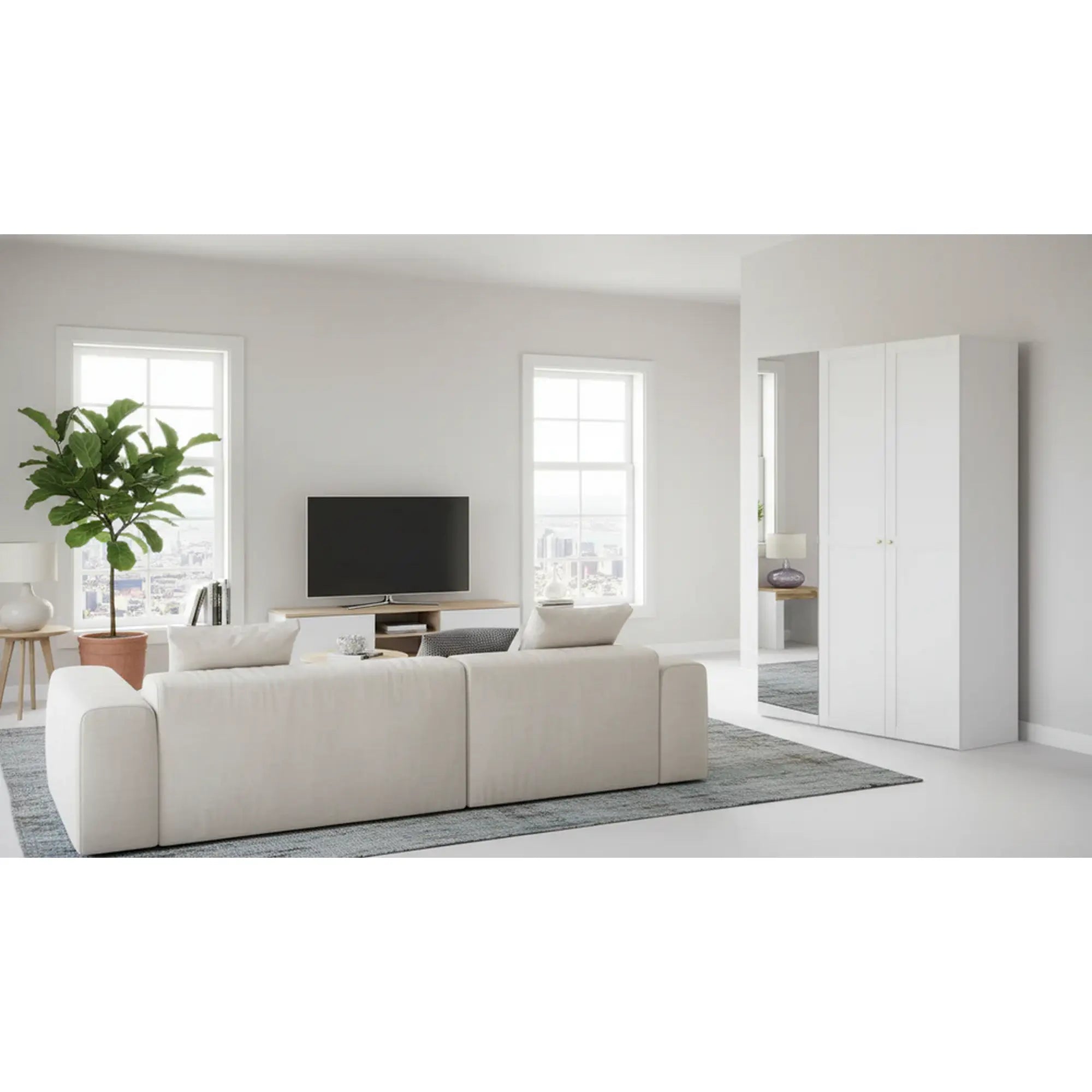 Dulap FLEX, alb/auriu, PAL, cu 3 usi si oglinda, 150x45x240 cm