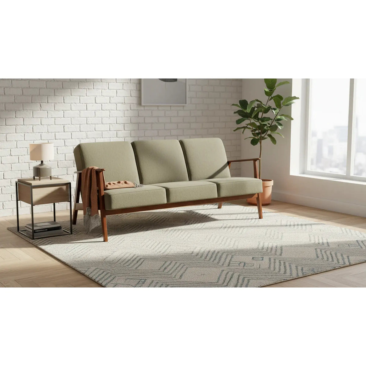 Canapea MILANO 3S, verde olive/nuc, stofa clasica/lemn, 175x77x77 cm