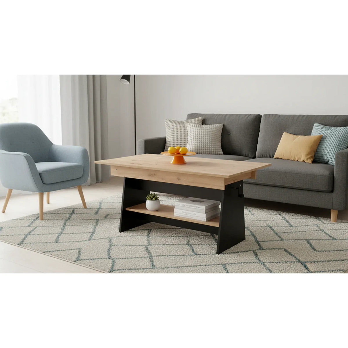 Masuta de cafea extensibila ERIKA, stejar artisan/negru, PAL laminat, 120/160x70x61/72 cm
