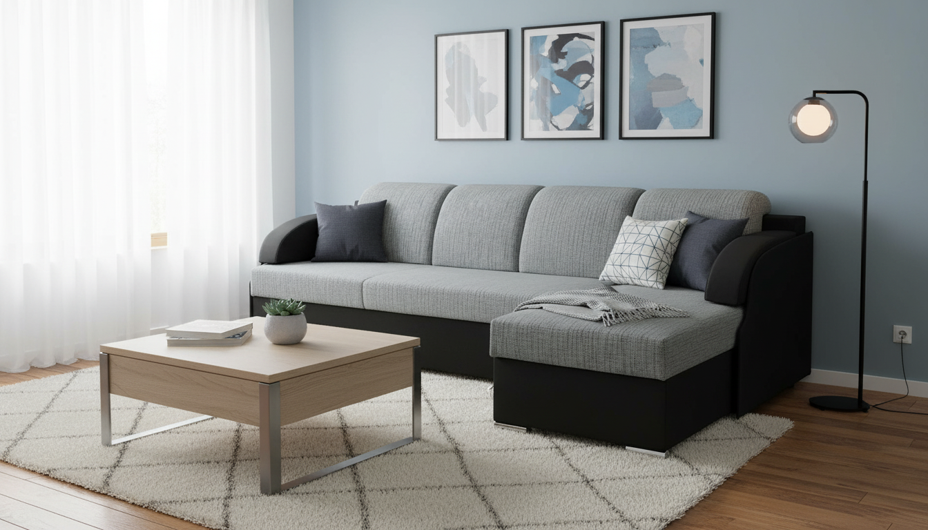 Coltar extensibil MERIN, universal, stofa catifelata negru/gri, cu lada depozitare, 205x138x89 cm