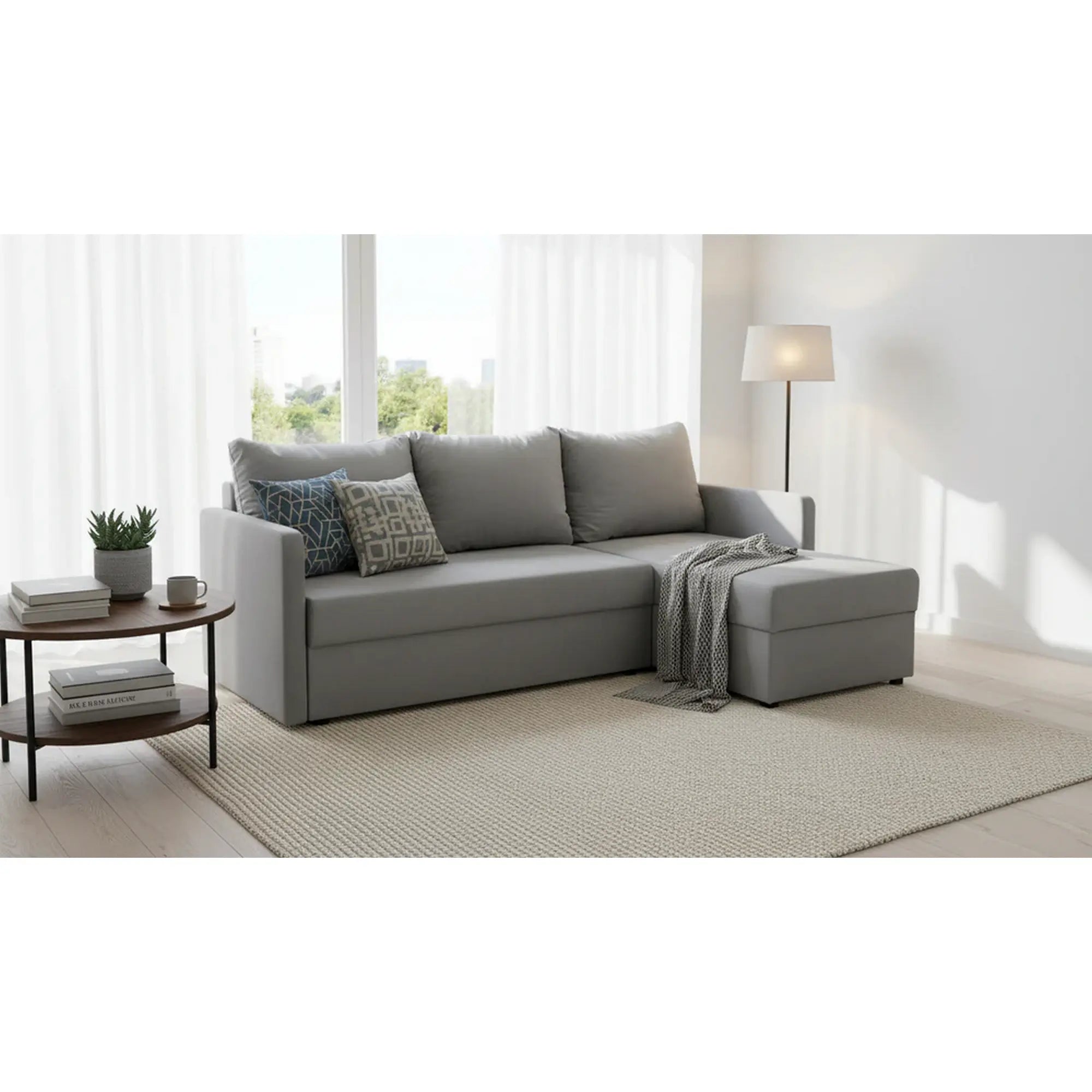 Coltar extensibil IMROS, universal, stofa catifelata gri - Pretty 17, cu lada depozitare, 218x143x93 cm