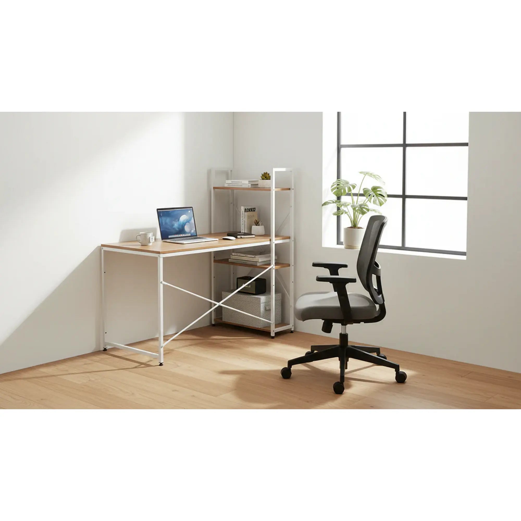 Masa birou VEINA, stejar/alb, DTD laminat/metal, 120x60/64x72/122 cm