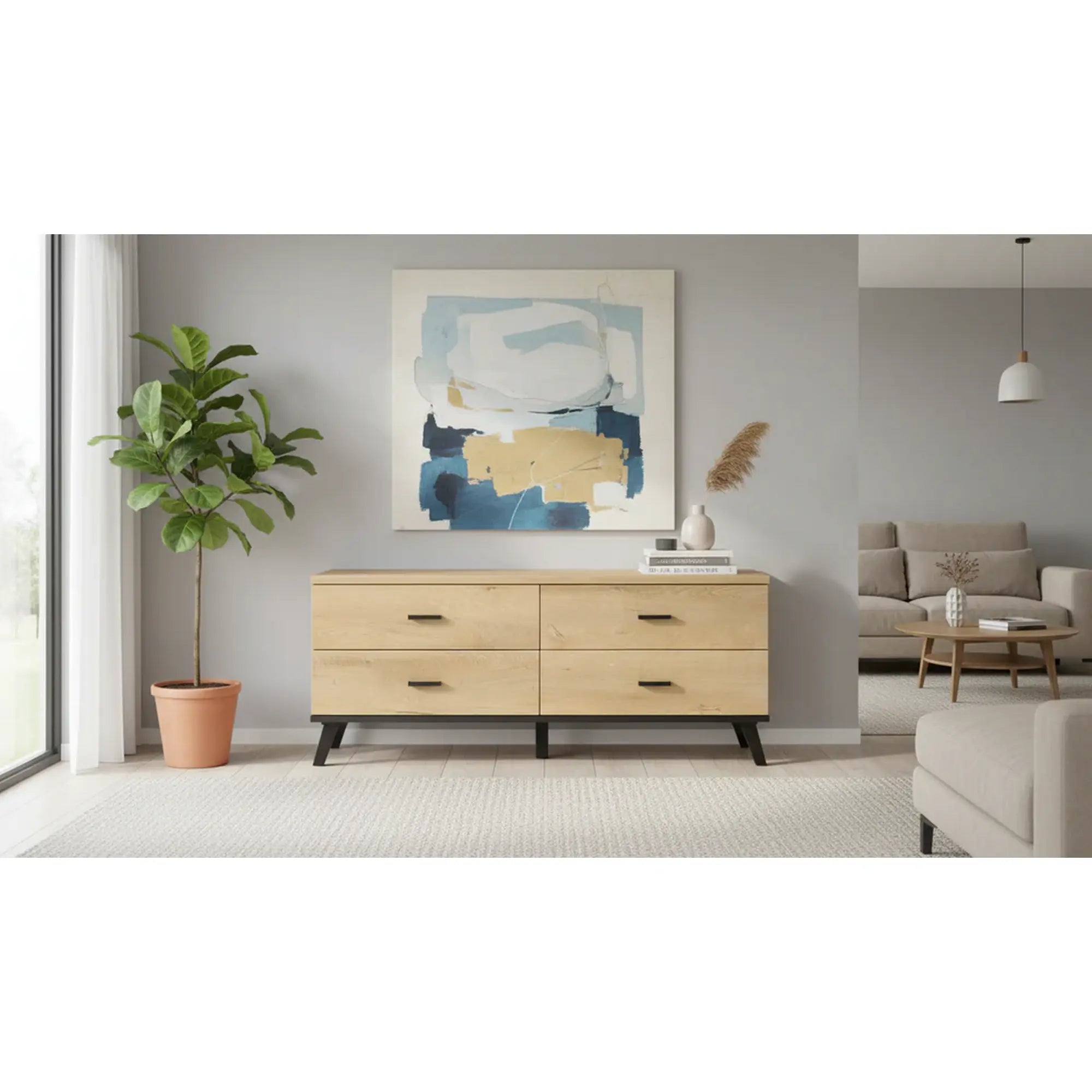 Comoda TV SIRAN TYP 7, stejar lefkas/negru, DTD laminat/plastic, 121x40x50 cm