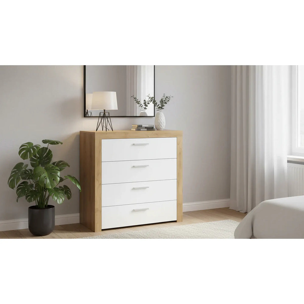 Comoda BALDER KOM4S, alb/stejar, PAL, 90x39x88 cm