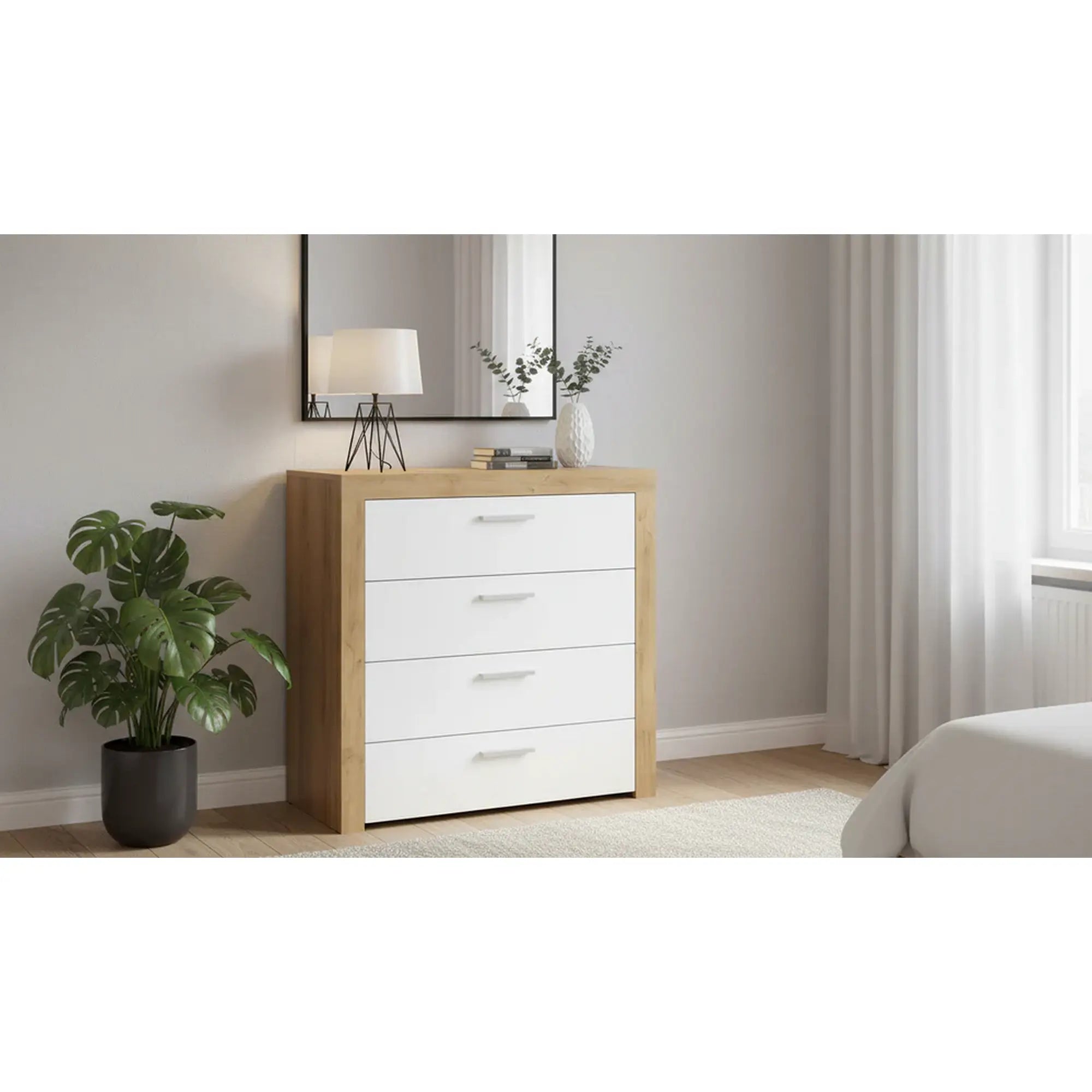 Comoda BALDER KOM4S, alb/stejar, PAL, 90x39x88 cm