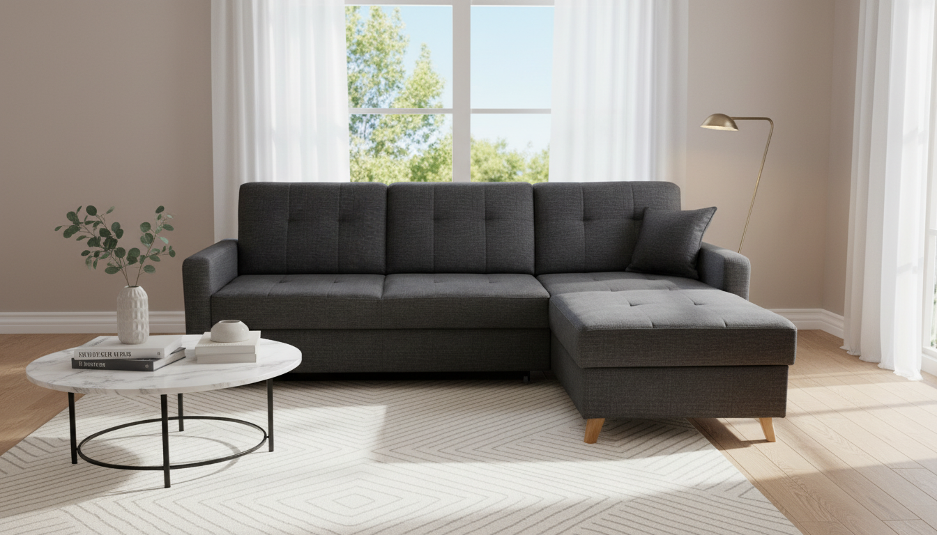 Coltar extensibil LARS, universal, stofa catifelata negru - Voss 19, cu lada depozitare, 223x161x83 cm