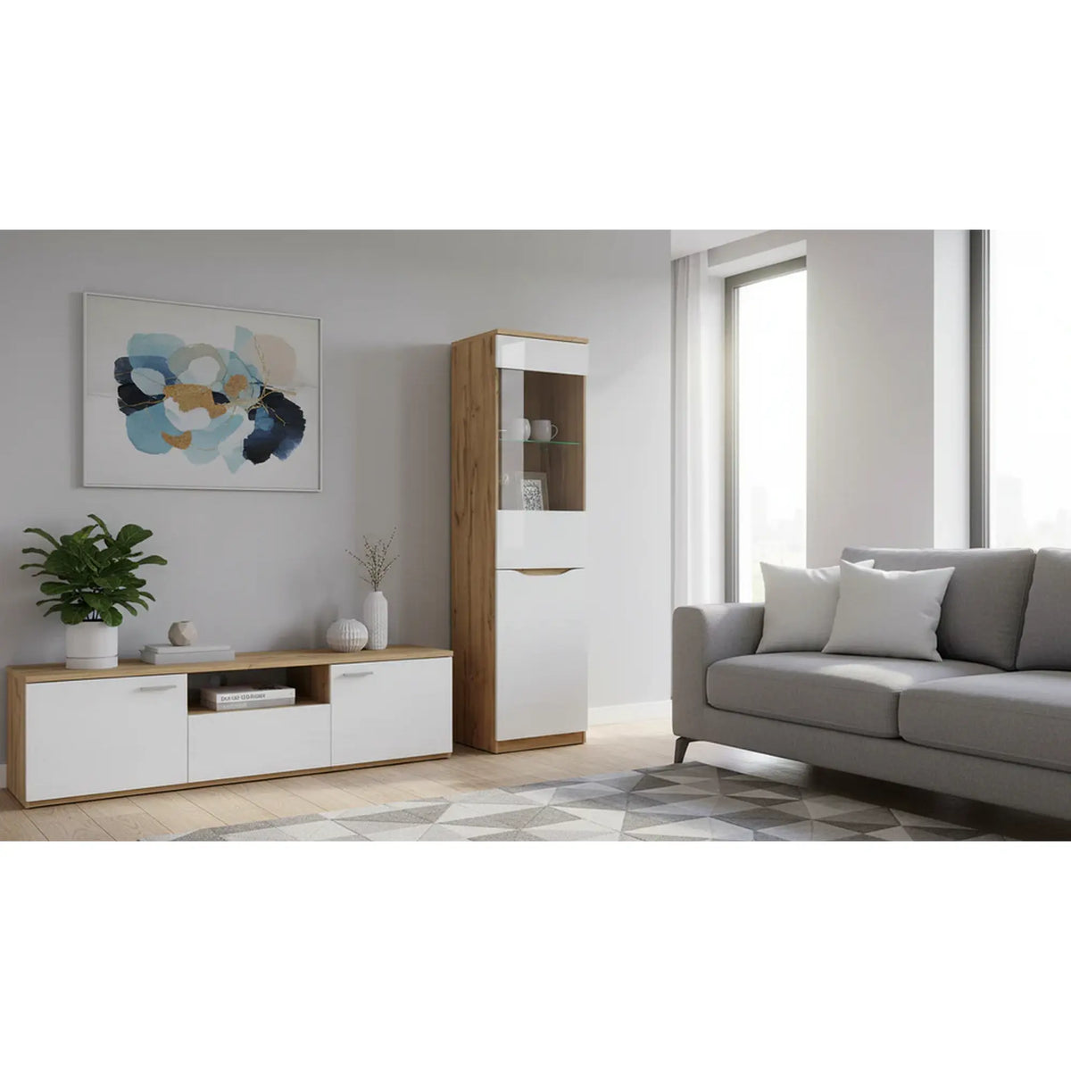 Dulap cu vitrina NUIS, alb lucios/stejar, PAL, 50x40x198 cm