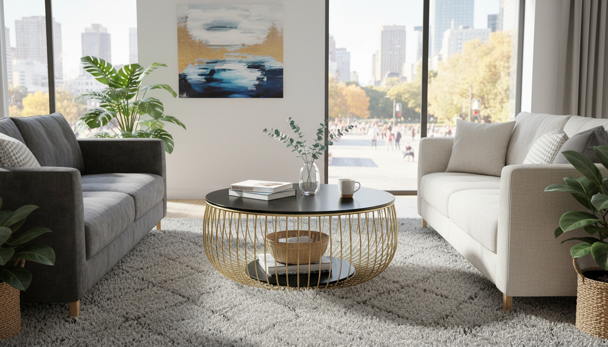 Masuta cafea BOWL, negru/auriu, sticla securizata/metal, 86x86x35 cm