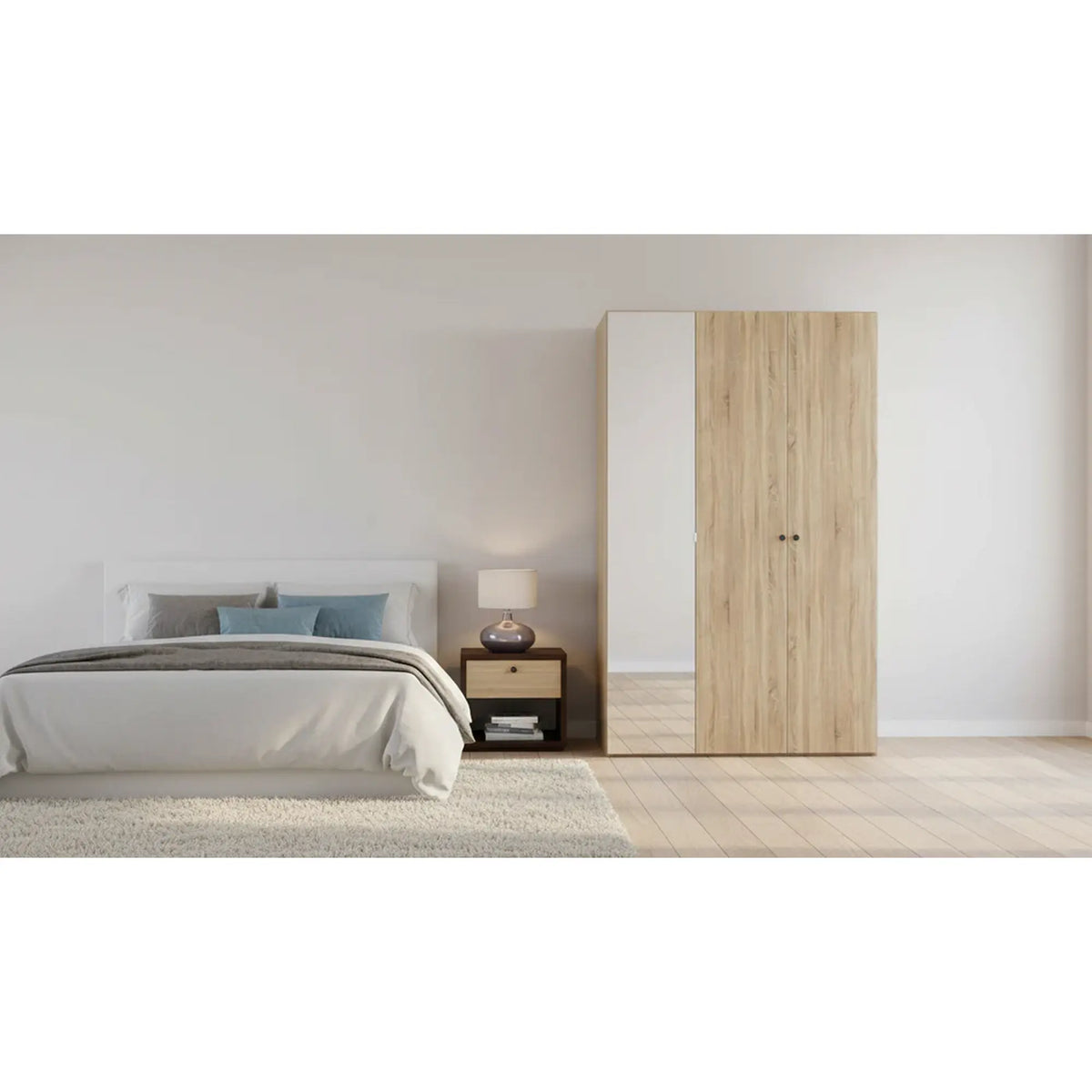 Dulap FLEX, stejar sonoma, PAL, cu 3 usi si oglinda, 150x66x240 cm