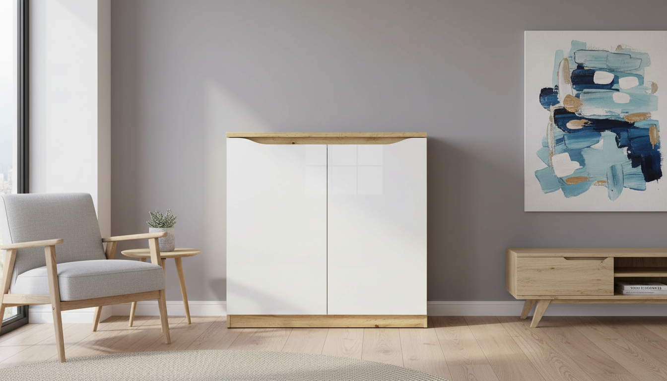 Comoda NUIS, alb lucios/stejar, 90x40x92 cm