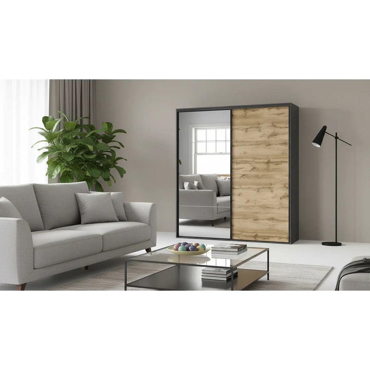 Dressing FLEX, gri grafit/stejar wotan, PAL, cu 2 usi si oglinda, 220x66x240 cm