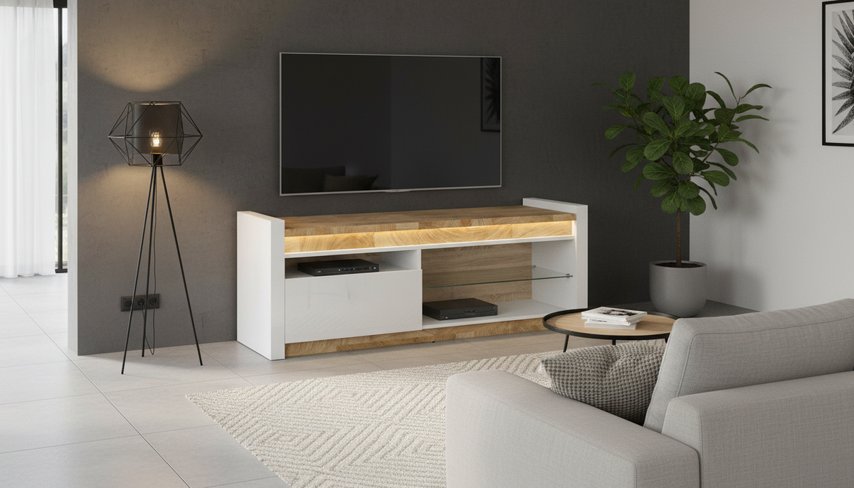 Comoda TV ALAMEDA, alb/stejar, PAL, 147x46x55 cm