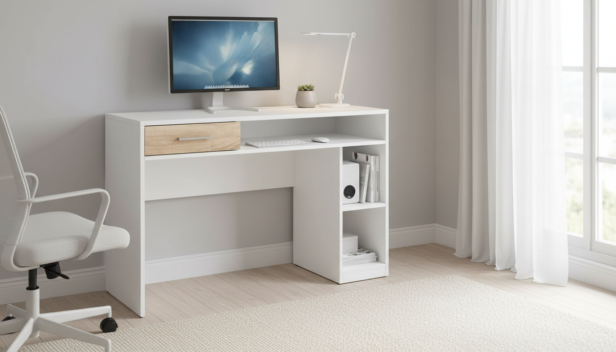 Birou NEPO PLUS, alb/stejar sonoma, PAL laminat, 100x59x76 cm