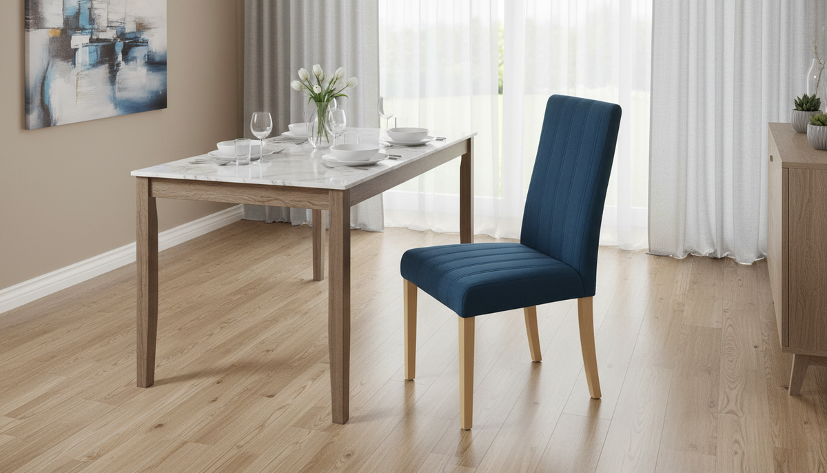 Scaun DIEGO 3, albastru marin/stejar miere, stofa catifelata/lemn de fag, 47x59x99 cm