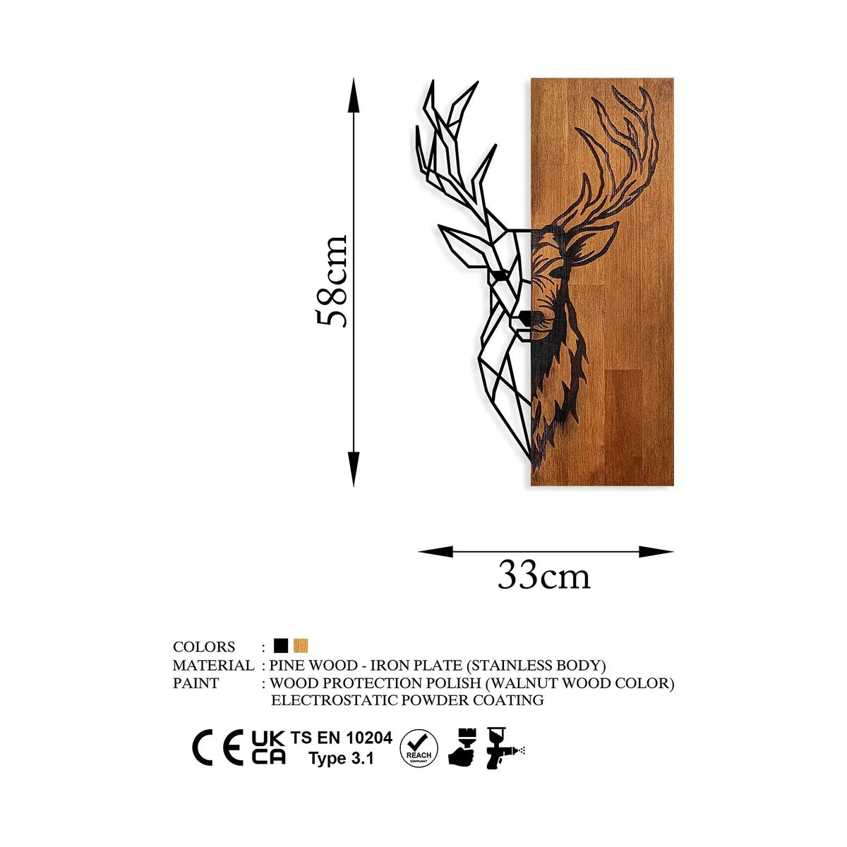 Accesoriu decorativ DEER 1, nuc / negru, metal, lemn, 33x58 cm