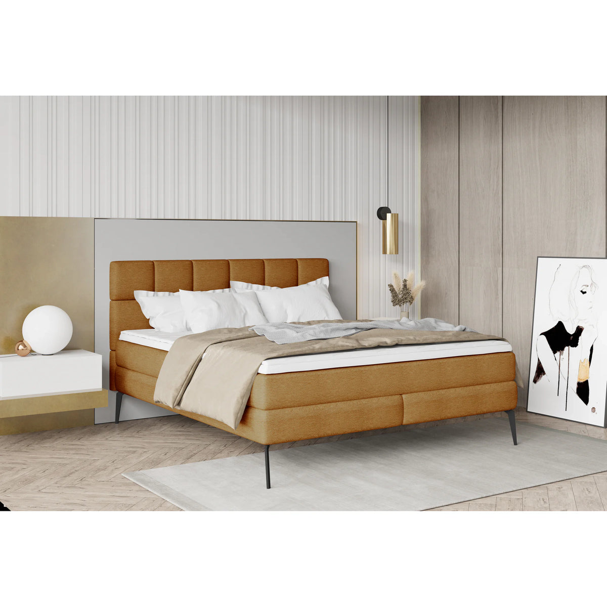 Pat boxspring ADEL 180x200, personalizabil materiale Gama Premium, cu saltele si topper