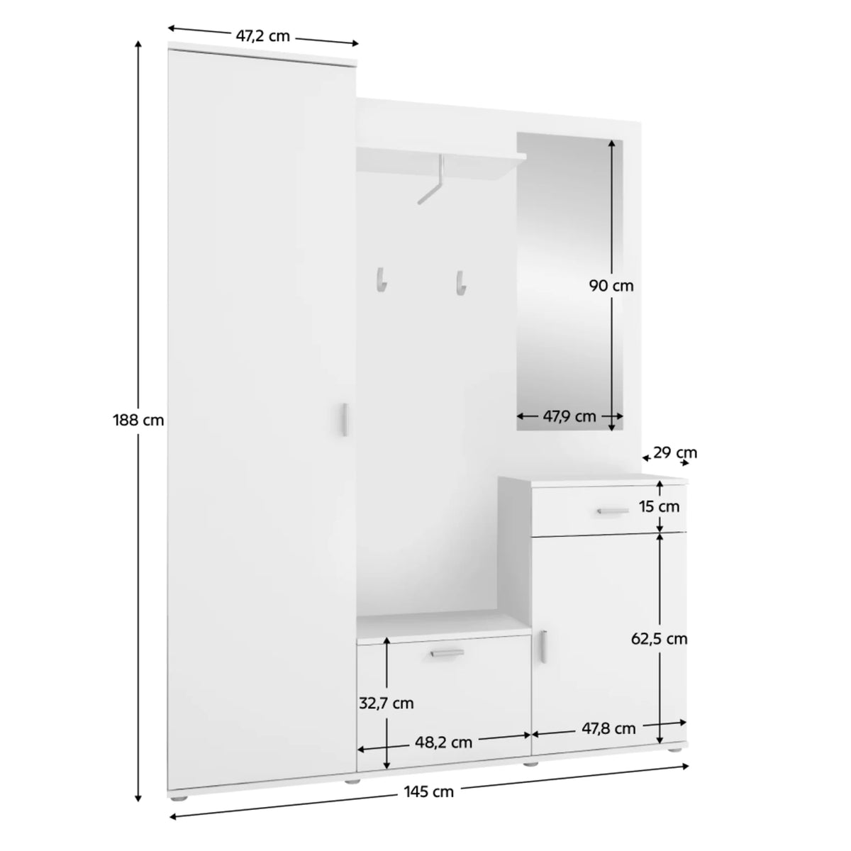 Mobilier hol AMALIA, alb, PAL melaminat, 145x29x188 cm