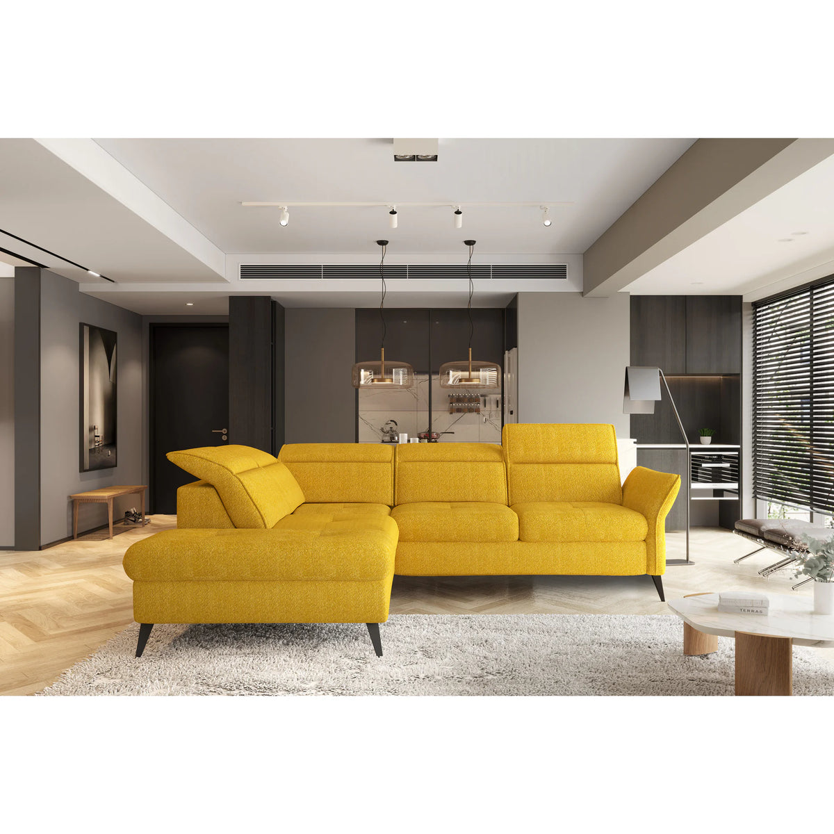Coltar extensibil APUFA, personalizabil materiale gama Premium, cu lada depozitare si tetiere reglabile, 260x215x95 cm
