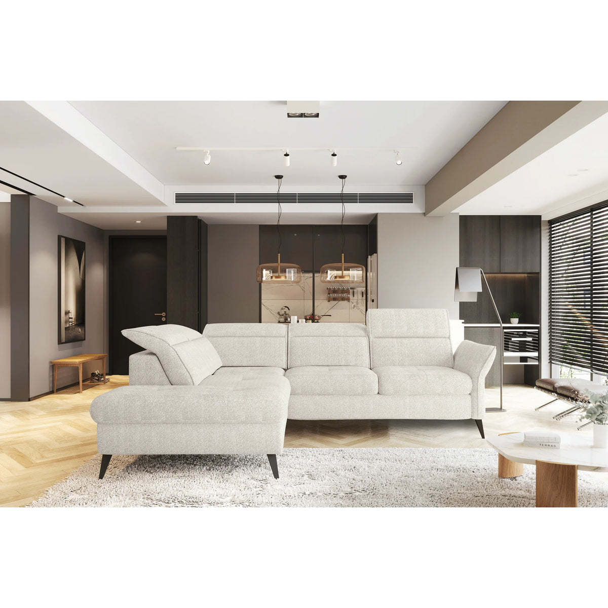 Coltar extensibil APUFA, personalizabil materiale gama Premium, cu lada depozitare si tetiere reglabile, 260x215x95 cm