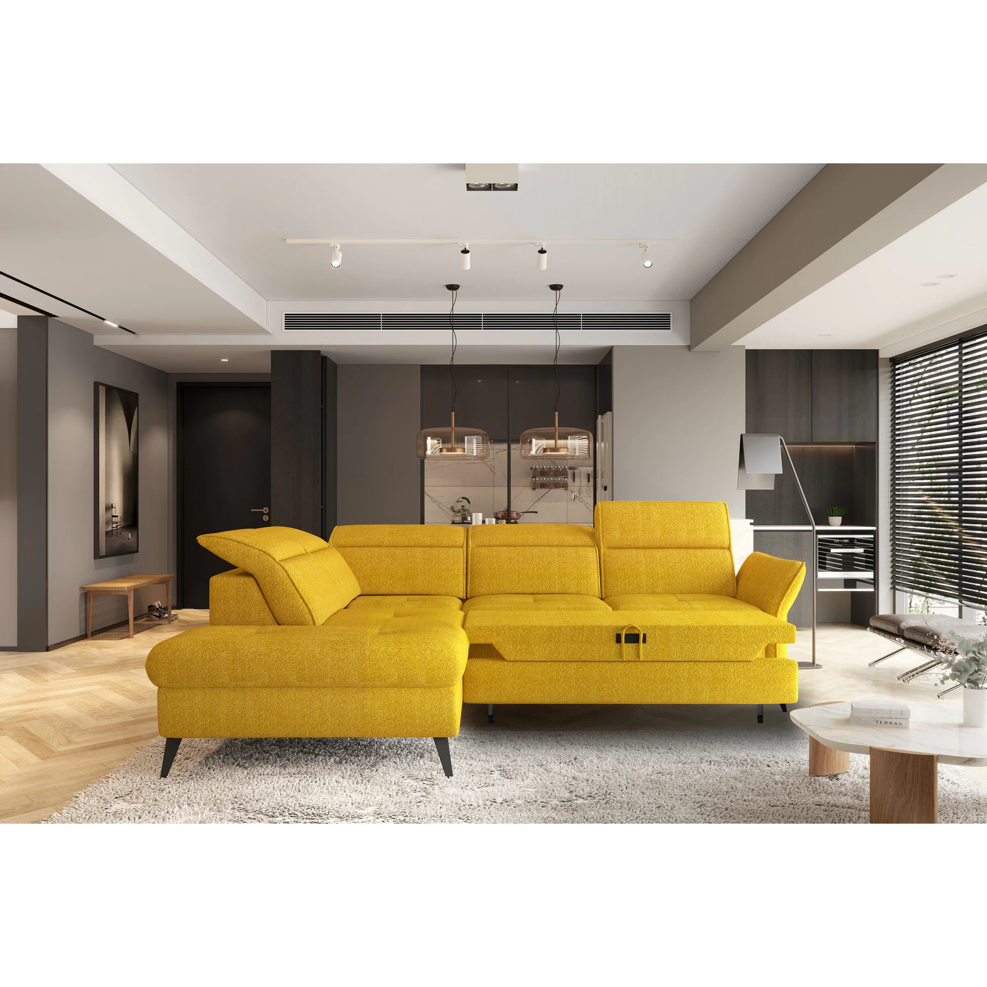 Coltar extensibil APUFA, personalizabil materiale gama Premium, cu lada depozitare si tetiere reglabile, 260x215x95 cm