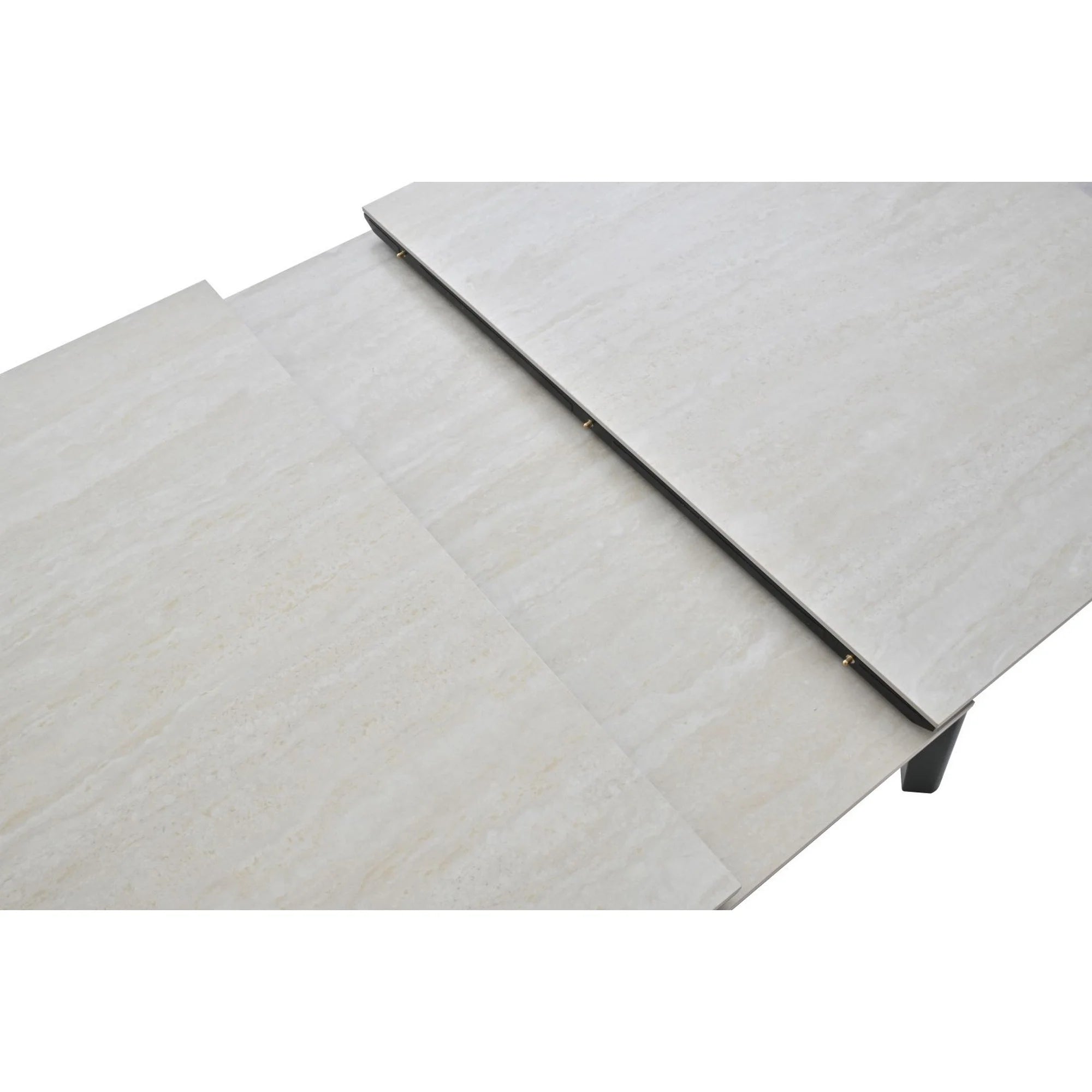 Masa extensibila ARES, bej cu efect de piatra travertin/negru, ceramica/metal, 120/150x85x76 cm