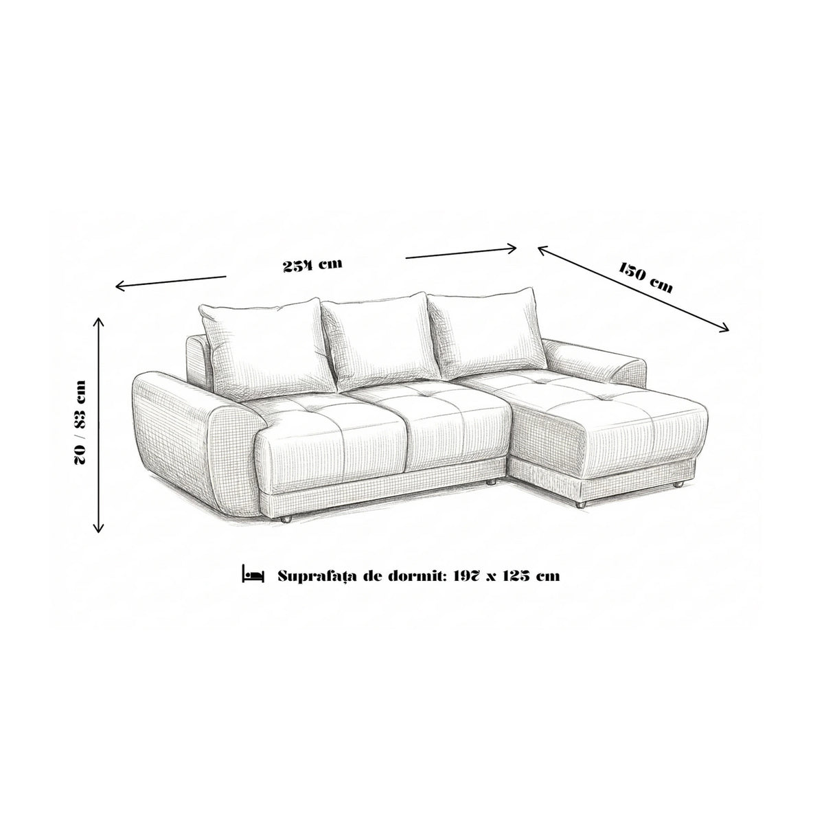 Coltar de living ASTOR, sezlong stanga, stofa bej - New York G008, 254x150x83 cm