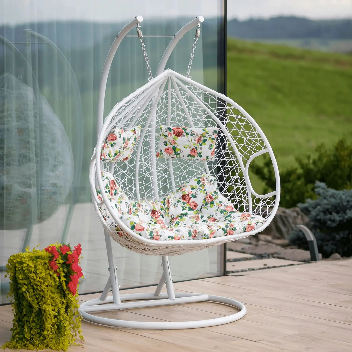 Balansoar gradina DALVEA 2 NEW, alb, rattan sintetic/metal, 133x117x195 cm