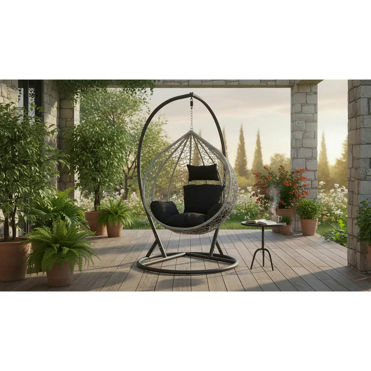Balansoar gradina EGGY, gri/negru, rattan sintetic/stofa, 106x106x195 cm