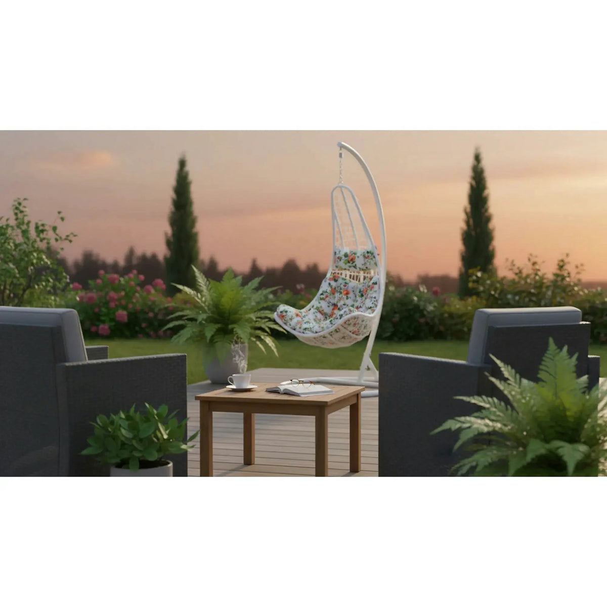 Balansoar gradina KALEA 2 NEW, alb/multicolor, metal/stofa clasica, 105x105x195 cm