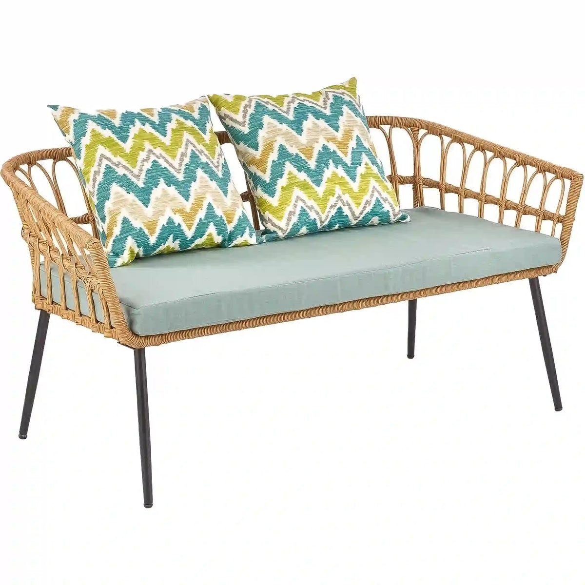 Banca GARDENA 2S, stejar/negru, rattan sintetic/otel, 140x68x71 cm