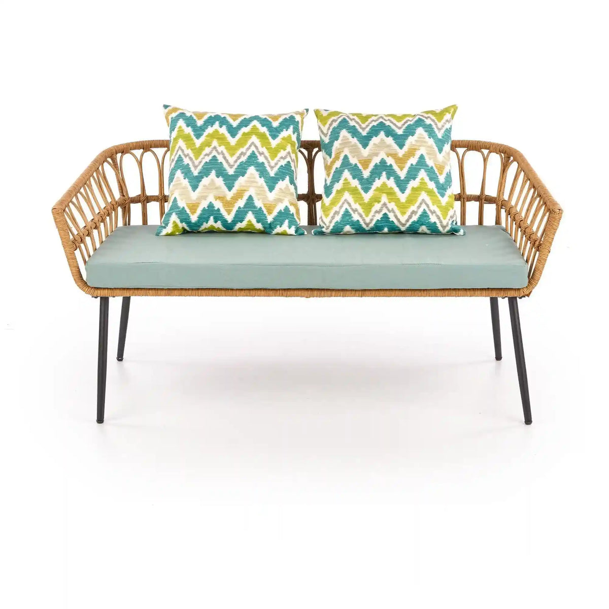 Banca GARDENA 2S, stejar/negru, rattan sintetic/otel, 140x68x71 cm