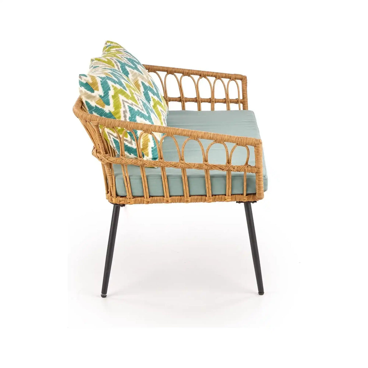 Banca GARDENA 2S, stejar/negru, rattan sintetic/otel, 140x68x71 cm