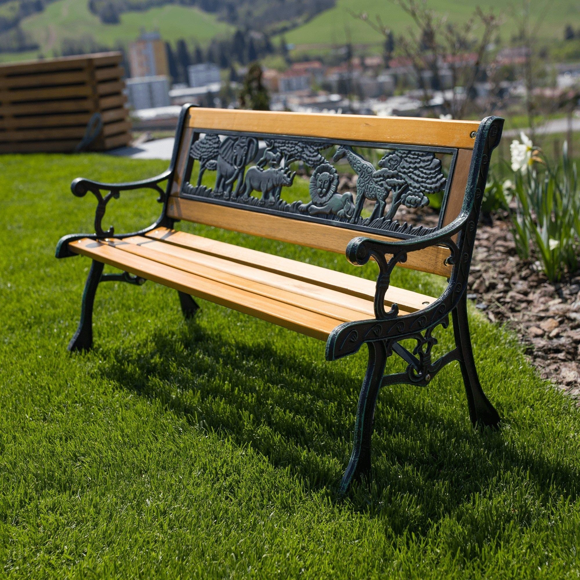 Banca gradina NADAZA, negru/stejar, lemn/metal, 82x40x48 cm