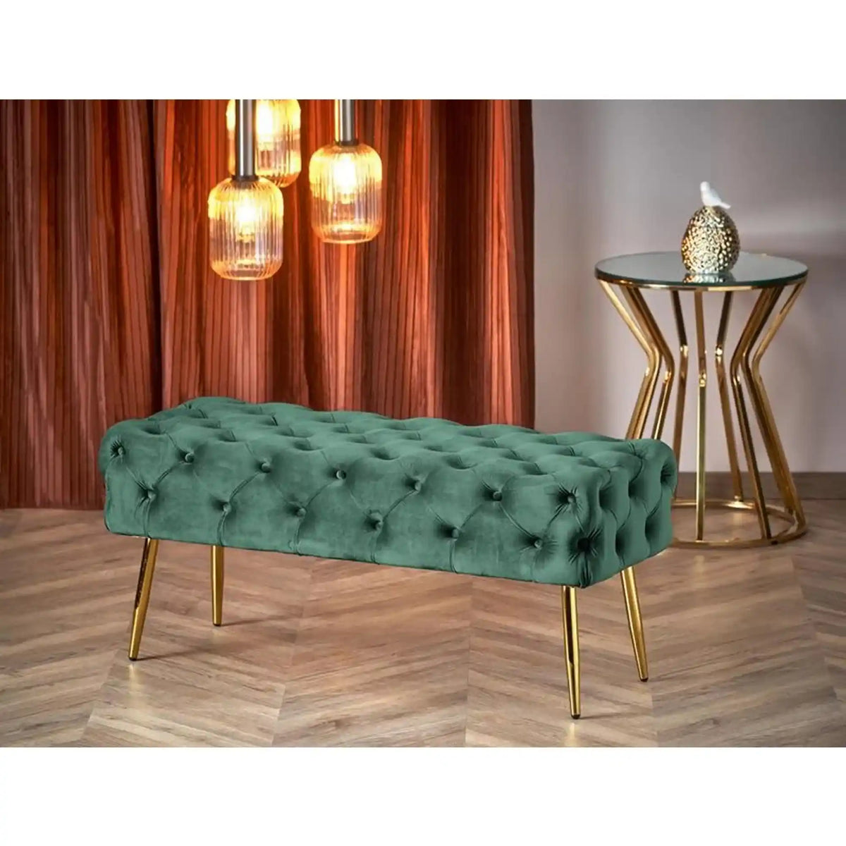 Bancheta verde ATHENA, stofa catifelata verde, 100x45x40 cm