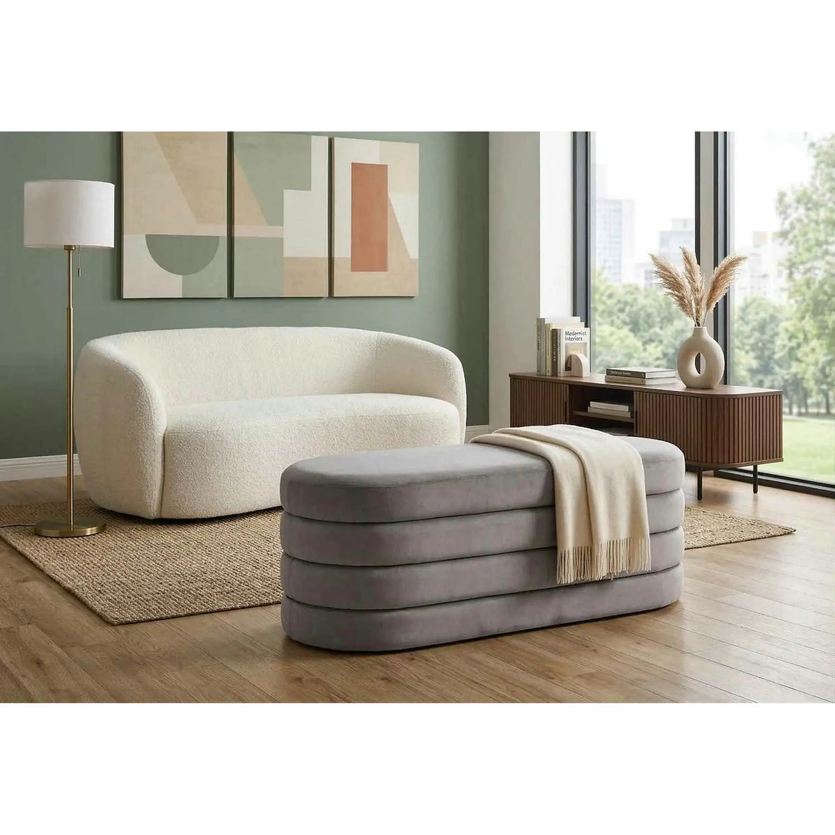 Bancheta CALPI, stofa catifelata gri, 110x46x42 cm