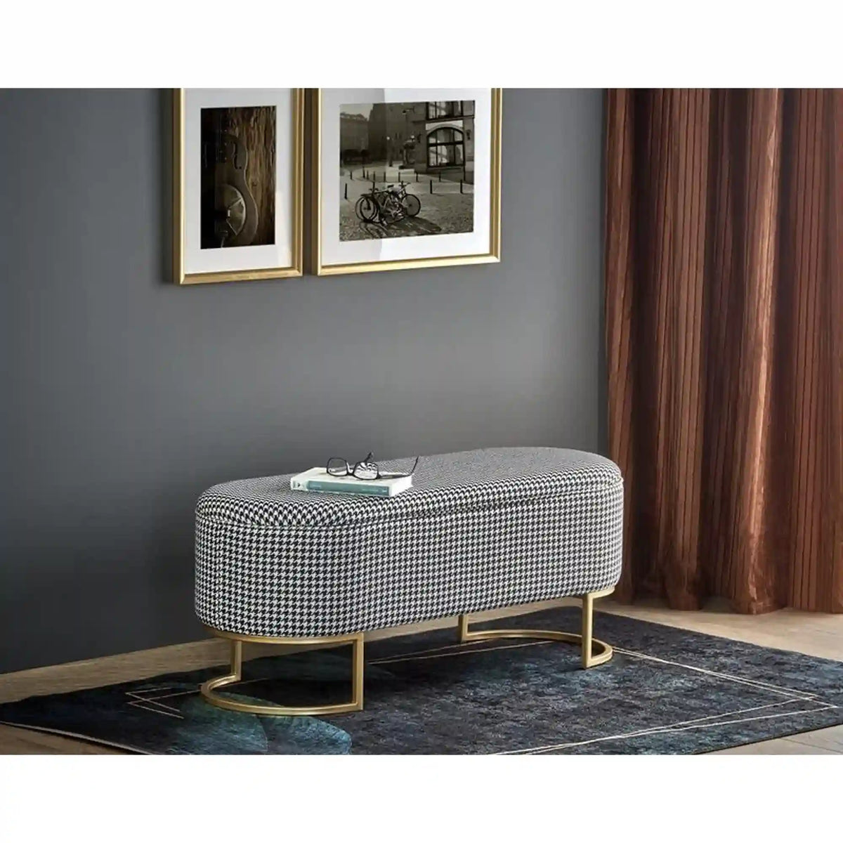 Bancheta HARMONY, negru/alb/auriu, stofa clasica/otel, 105x40x42 cm