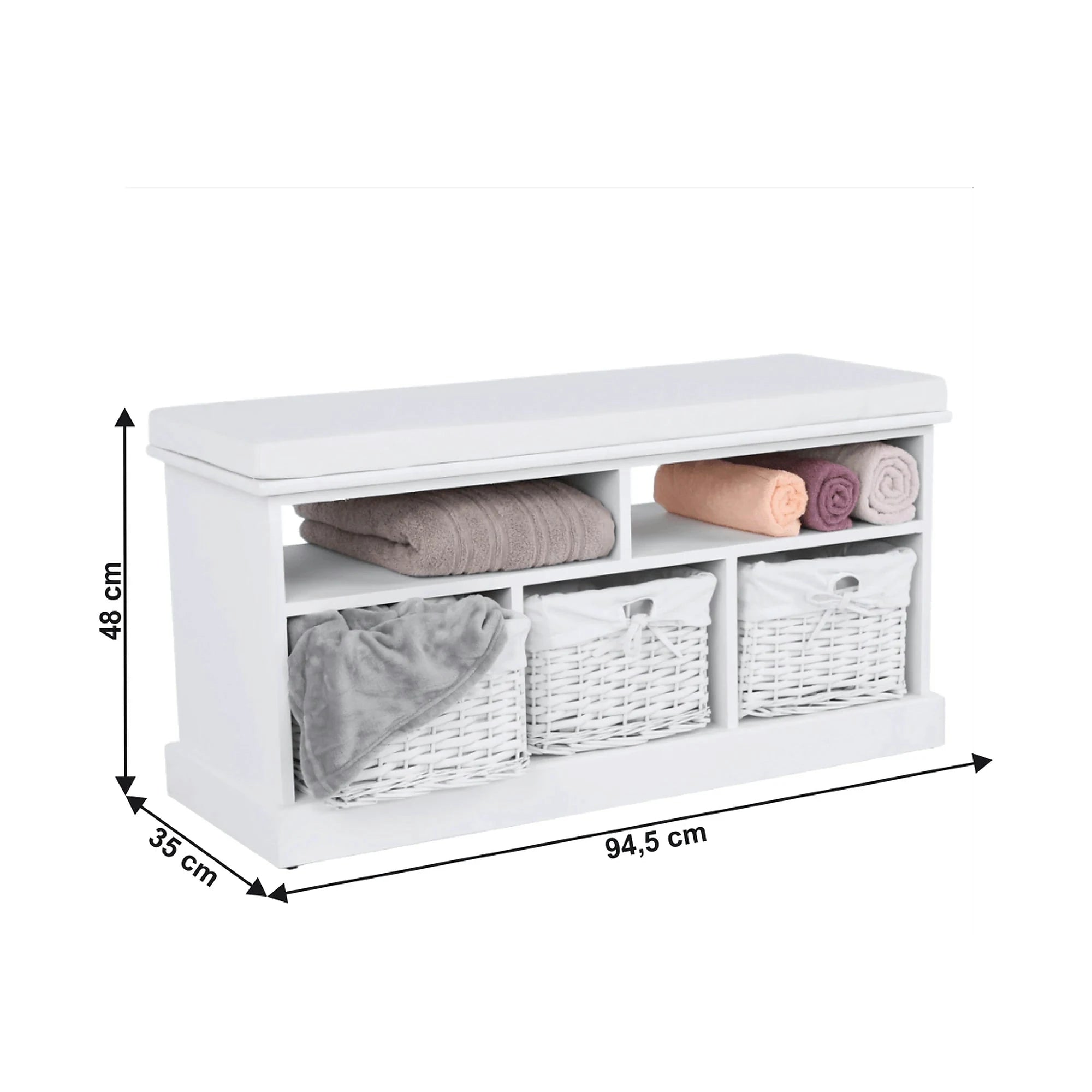 Bancheta RAFAELLO, alb, lemn, cu 3 coşuri, 95x35x49 cm